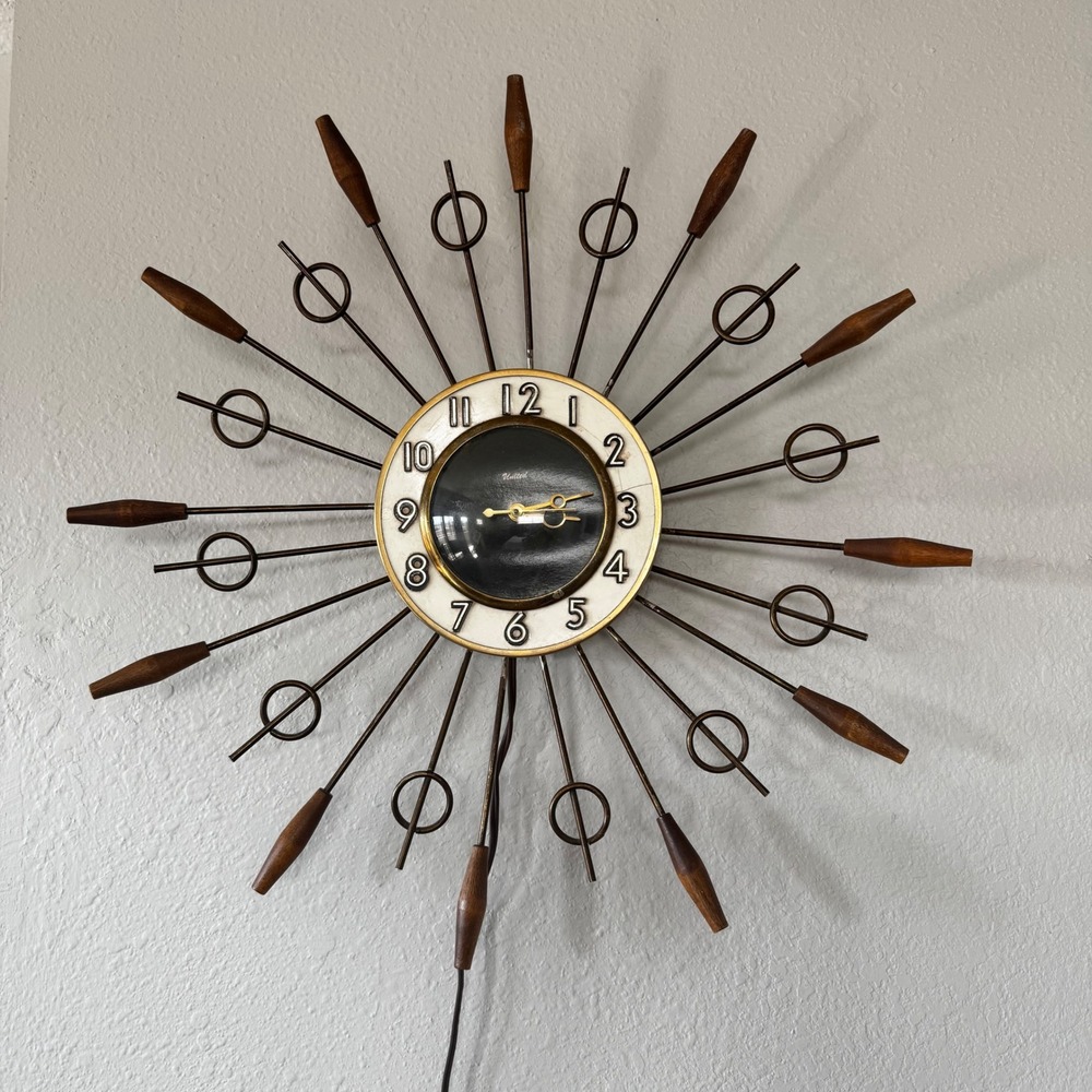 Vtg United Clock Corp Model 79 Sunburst Wall Clock Mid Century Modern MCM 18"